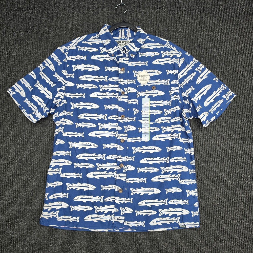 Duluth Trading Co Mens BBQ Relaxed Fit Short Sleeve Fish Print Shirt 38922 Blue